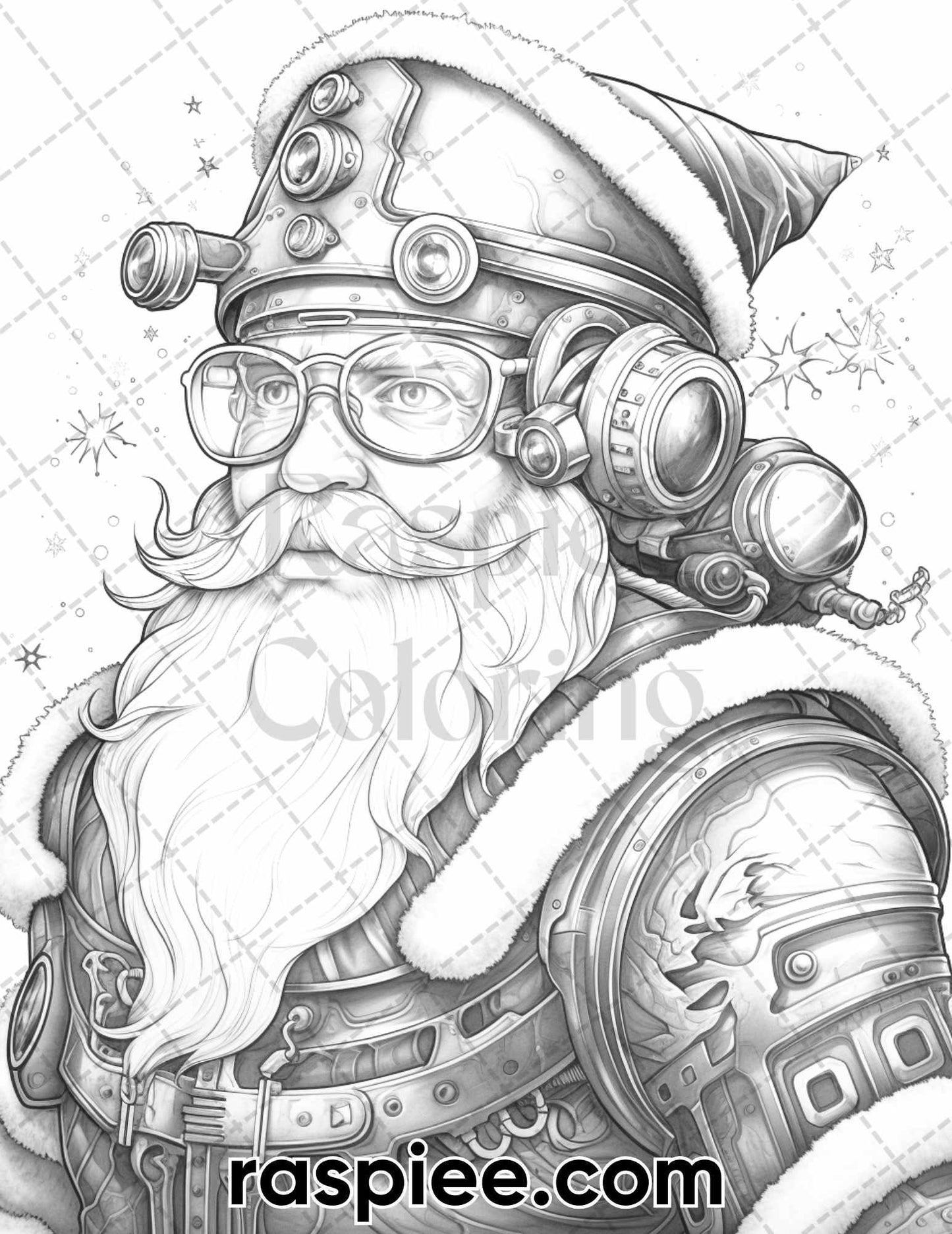 50 Steampunk Santa Claus Grayscale Coloring Pages for Adults, Printable PDF Instant Download