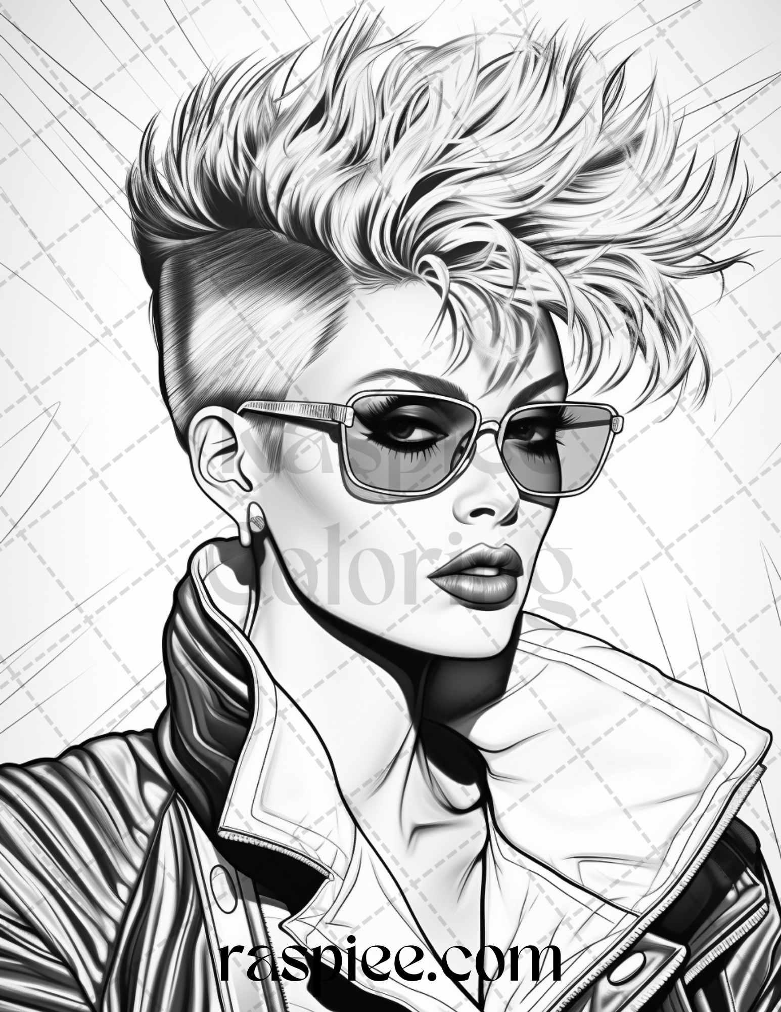 1980s New Wave Pop Star Grayscale Coloring Pages Printable for Adults, PDF File Instant Download