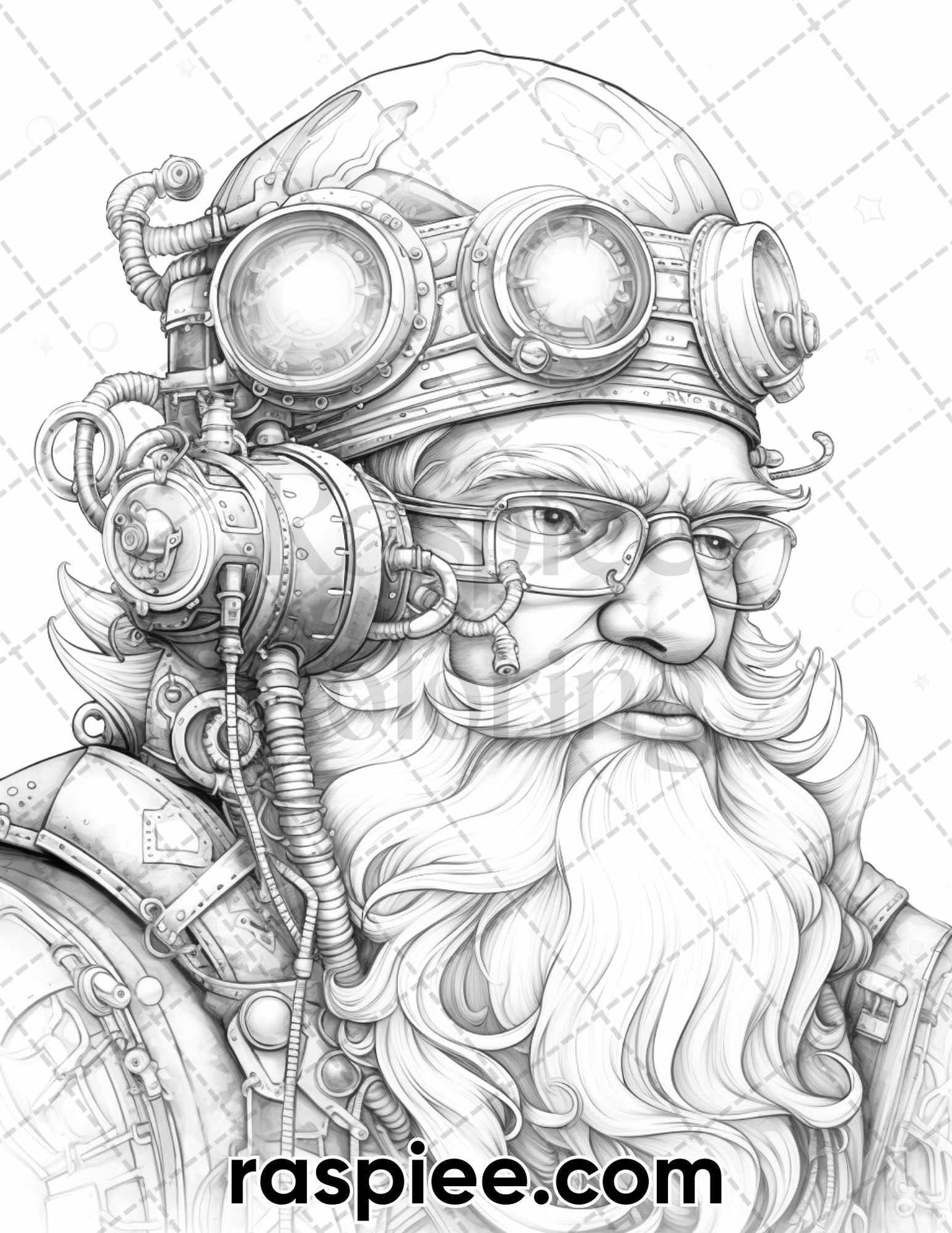 50 Steampunk Santa Claus Grayscale Coloring Pages for Adults, Printable PDF Instant Download