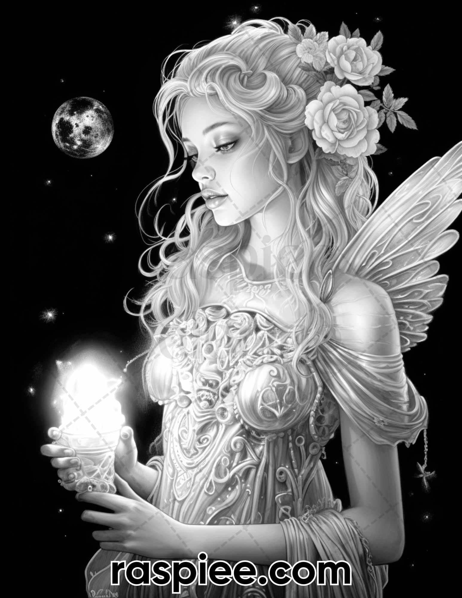 50 Starlight Fairy Grayscale Coloring Pages for Adults, Printable PDF File Instant Download