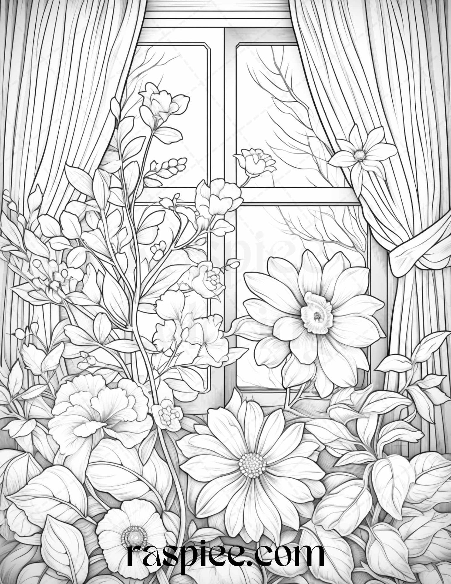 50 Blooming Windows Grayscale Coloring Pages Printable for Adults, PDF File Instant Download