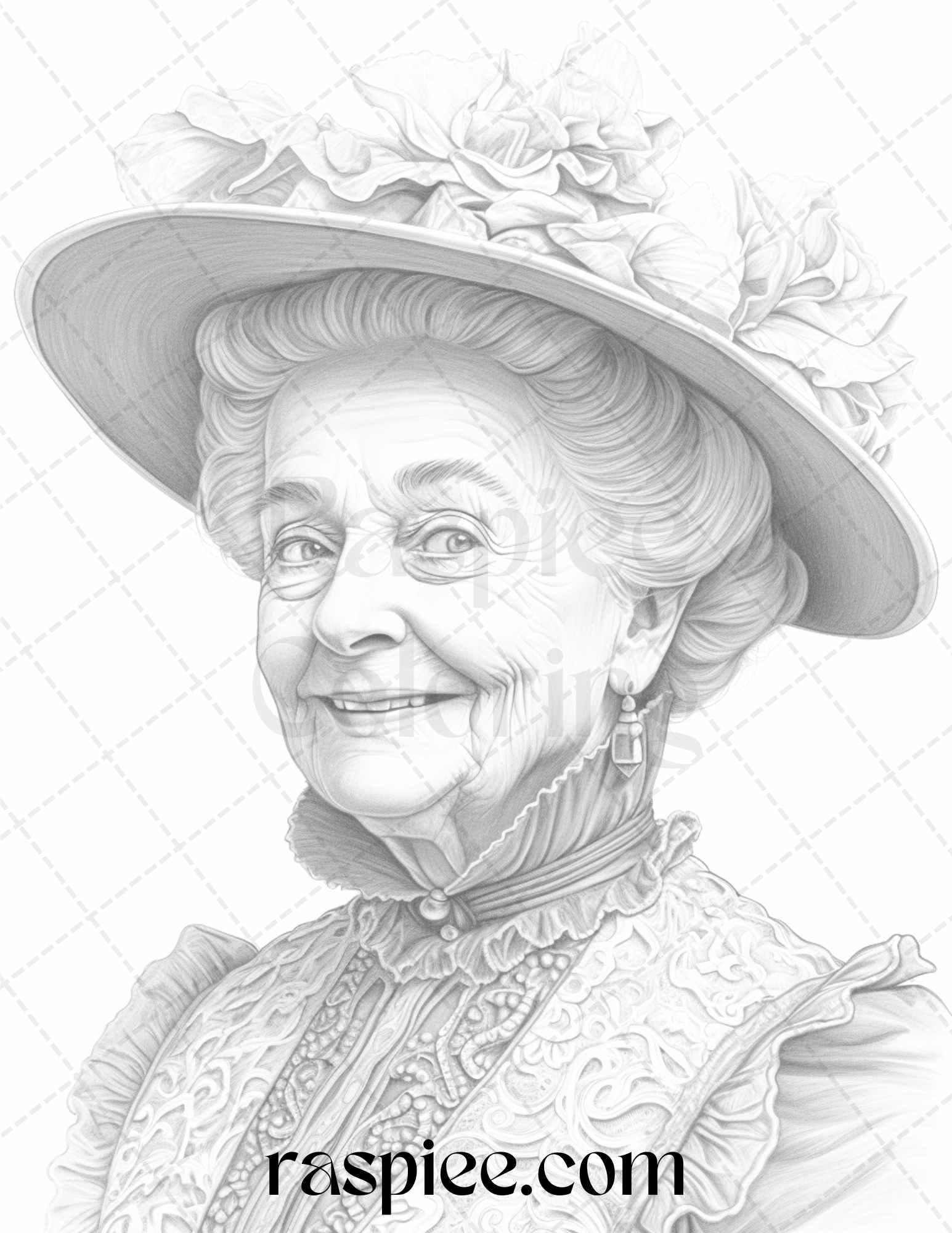 50 Victorian Grandma Grayscale Coloring Pages Printable for Adults, PDF File Instant Download