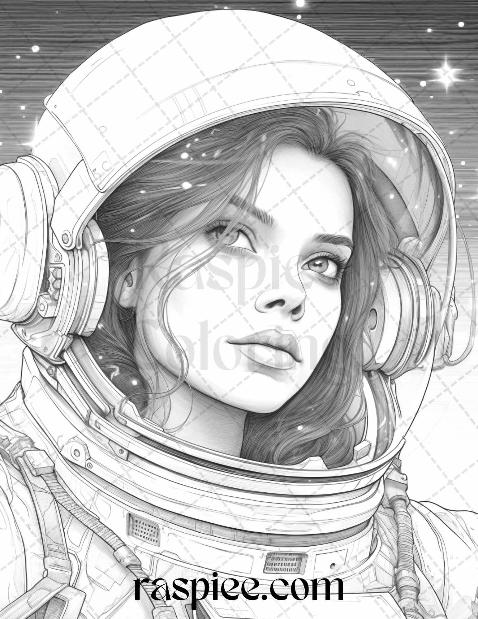 50 Astronaut Girl Portrait Grayscale Coloring Pages Printable for Adults, PDF File Instant Download