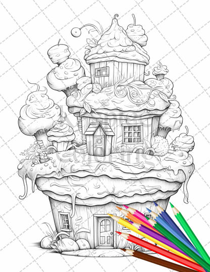 50 Adorable Cake Houses Grayscale Coloring Pages Printable for Adults and Kids, PDF File Instant Download