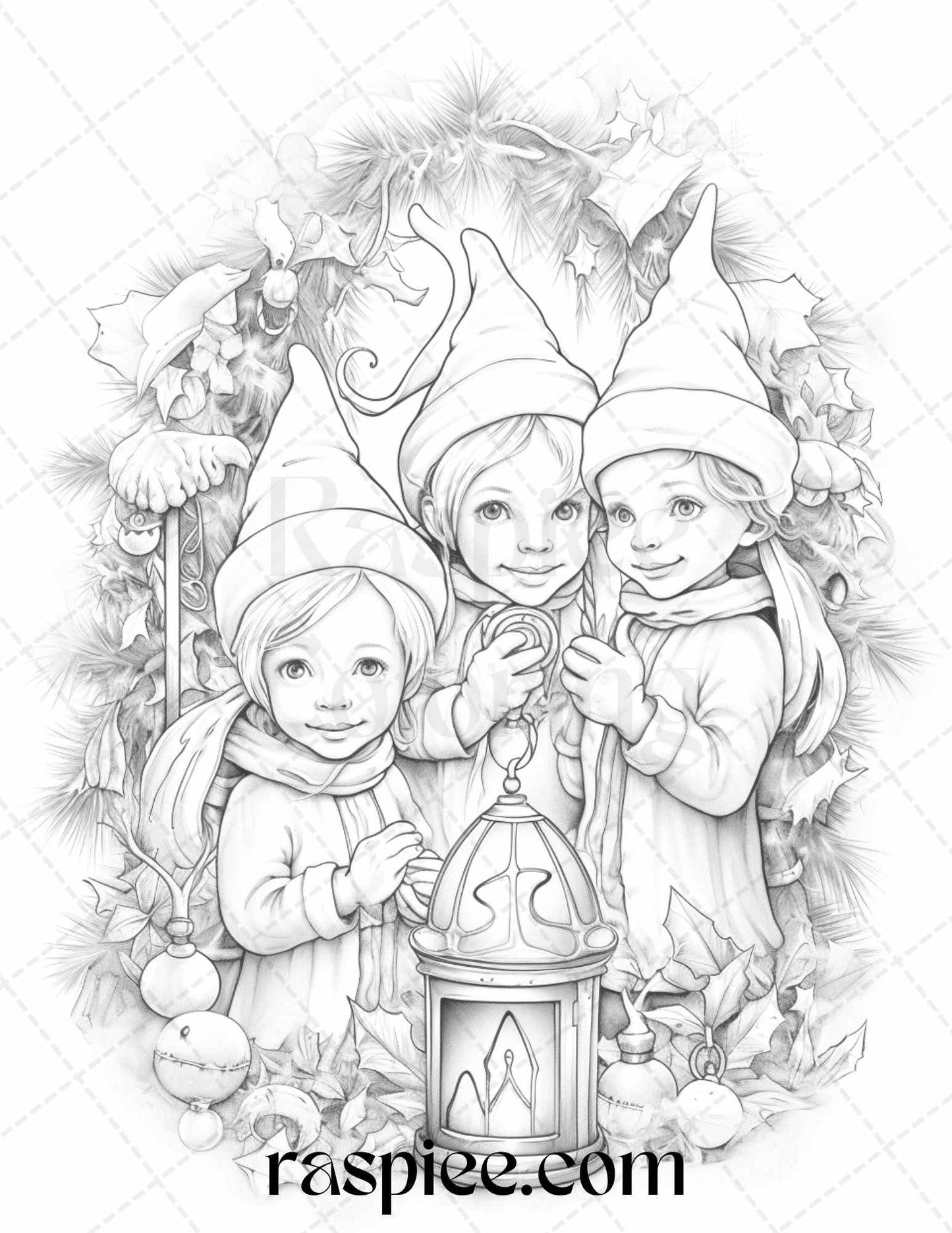 110 Christmas Elves Grayscale Coloring Pages Printable for Adults Kids, PDF File Instant Download