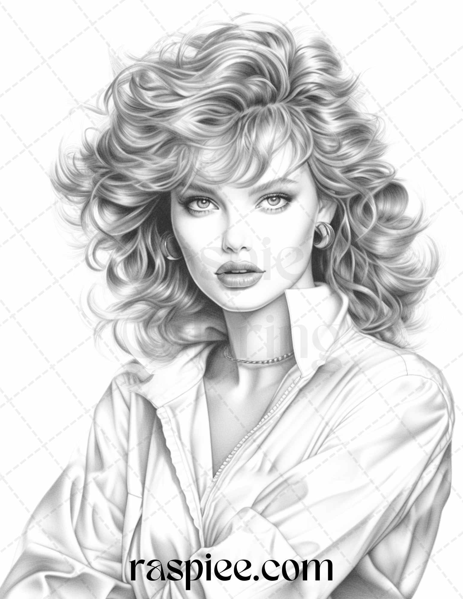 1980s Retro Beautiful Women Grayscale Coloring Pages for Adults, PDF File Instant Download