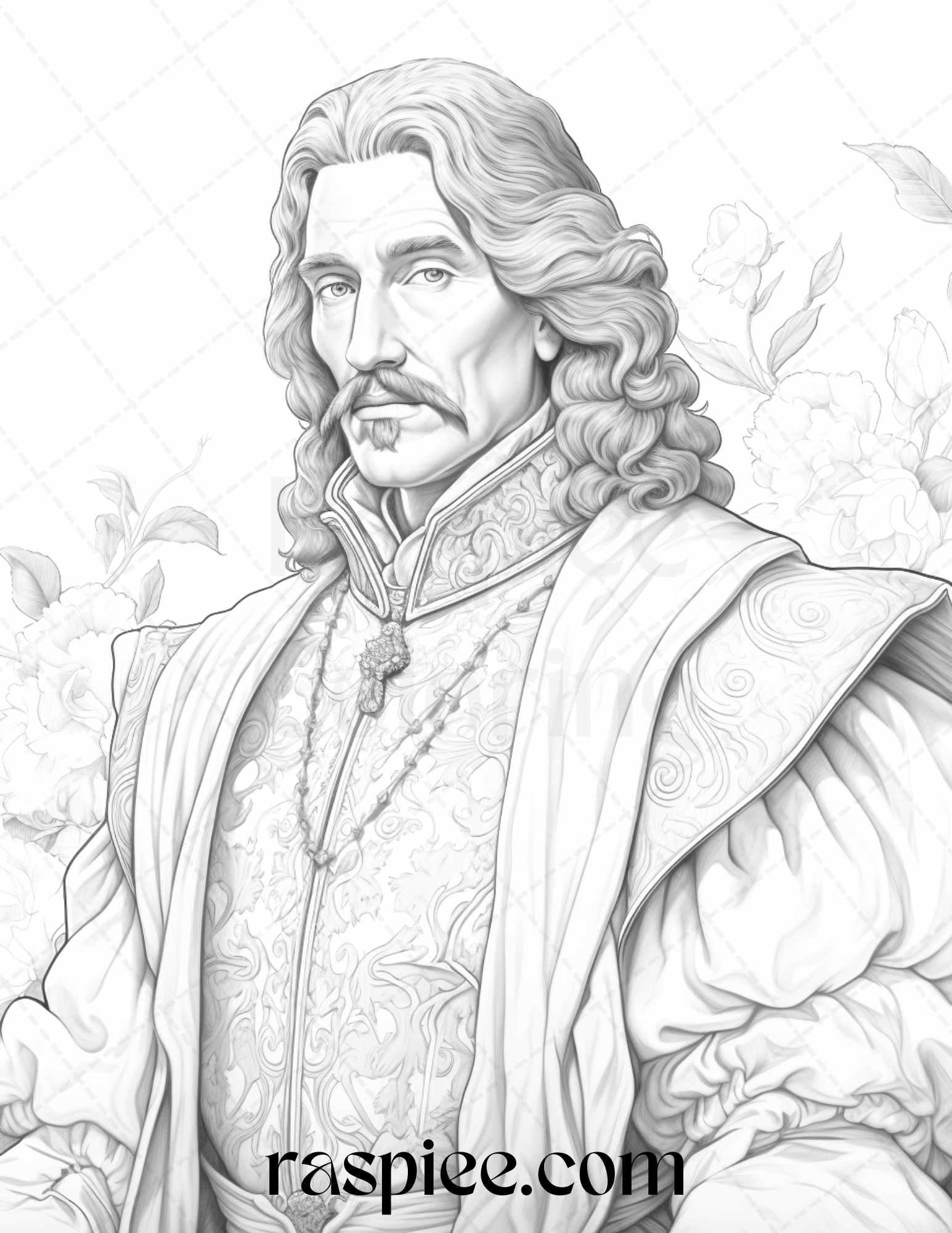 50 Baroque Man Portrait Grayscale Graysale Coloring Pages Printable for Adults, PDF File Instant Download