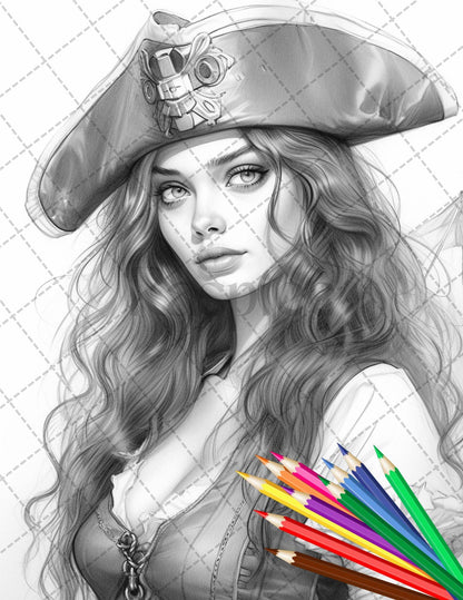 48 Beautiful Pirate Princess Coloring Book Printable for Adults, Grayscale Coloring Page, PDF File Instant Download