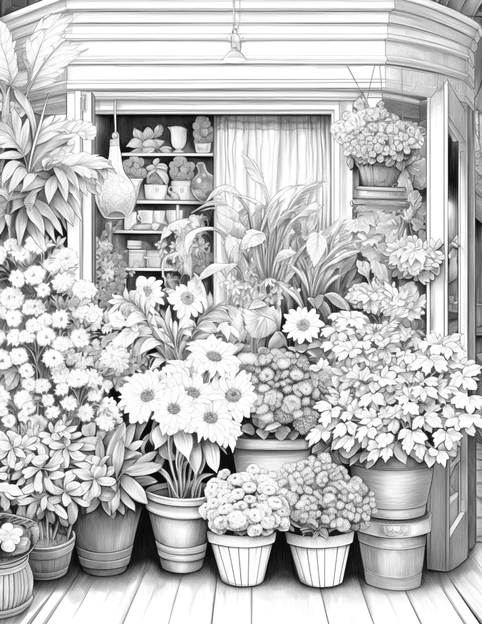 45 Flower Store Front Grayscale Coloring Pages Printable for Adults, PDF File Instant Download