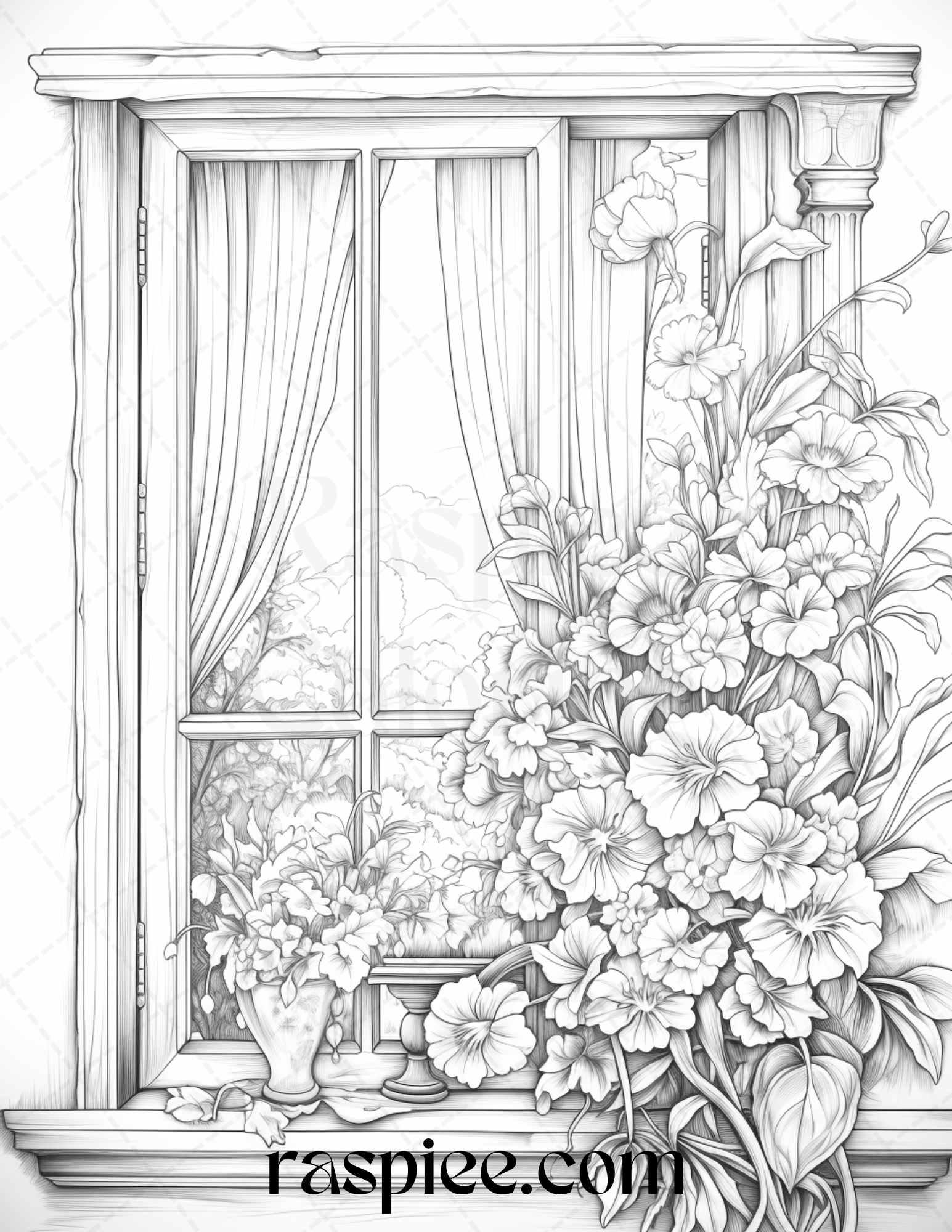 50 Blooming Windows Grayscale Coloring Pages Printable for Adults, PDF File Instant Download