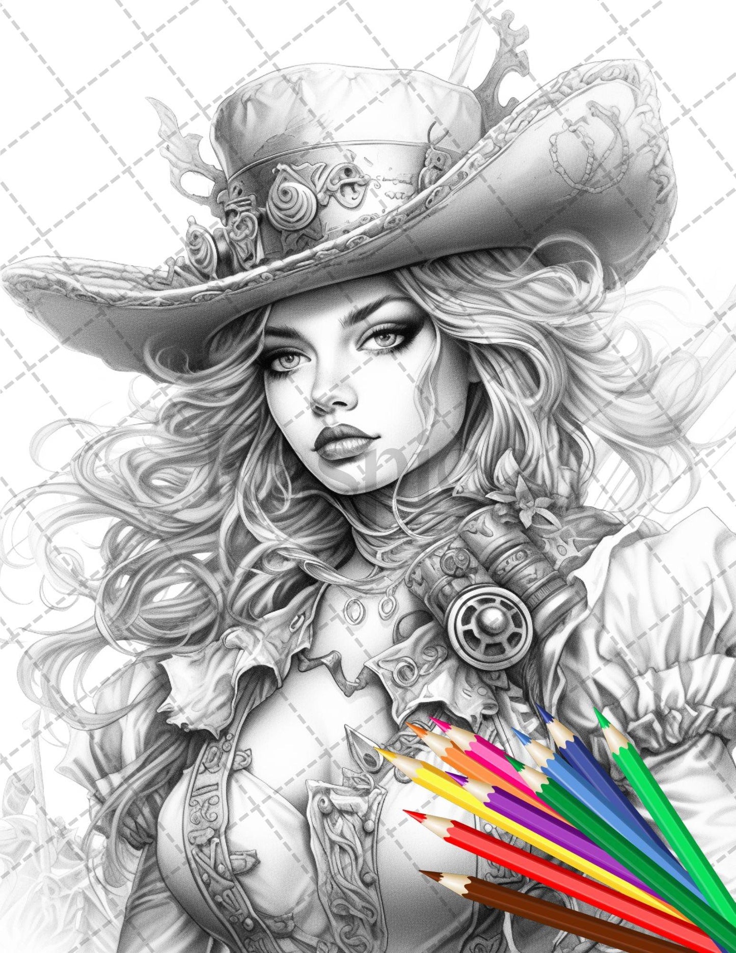 48 Beautiful Pirate Princess Coloring Book Printable for Adults, Grayscale Coloring Page, PDF File Instant Download