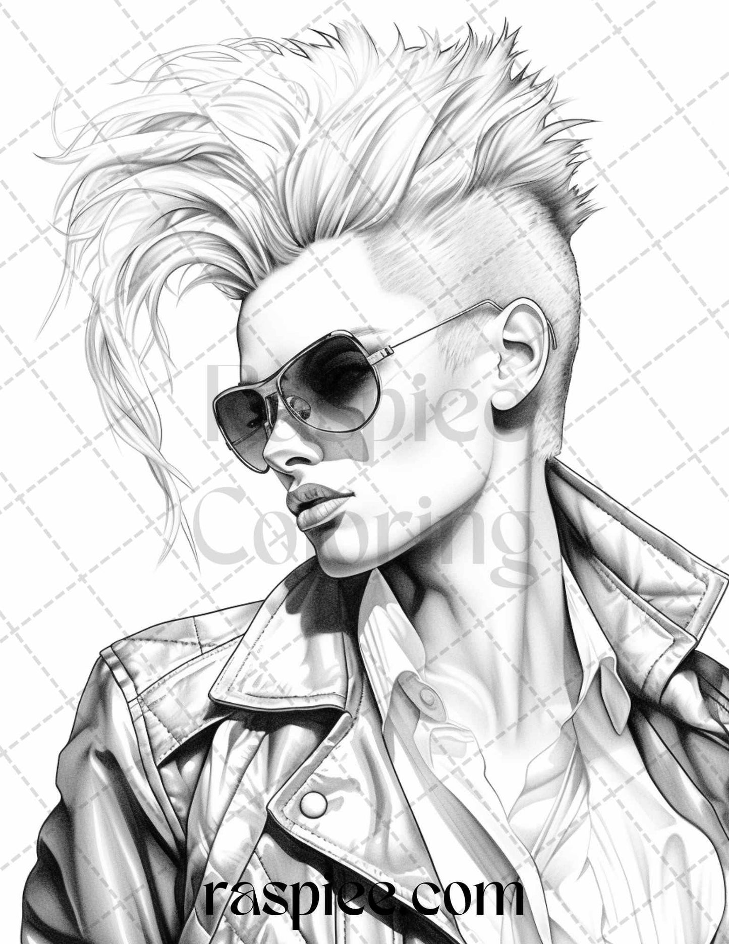 1980s New Wave Pop Star Grayscale Coloring Pages Printable for Adults, PDF File Instant Download