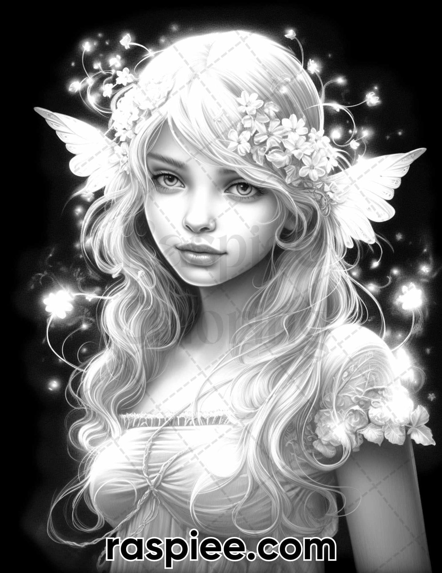 50 Starlight Fairy Grayscale Coloring Pages for Adults, Printable PDF File Instant Download