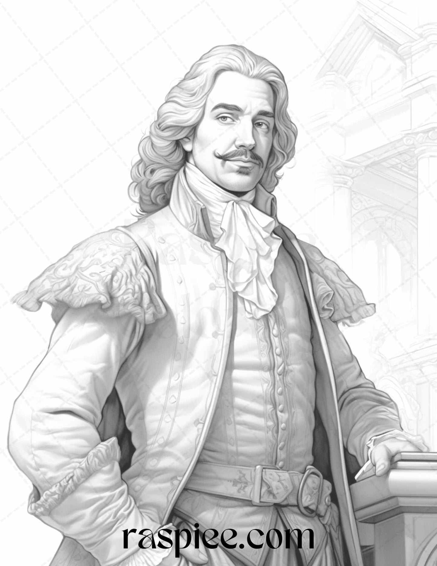 50 Baroque Man Portrait Grayscale Graysale Coloring Pages Printable for Adults, PDF File Instant Download