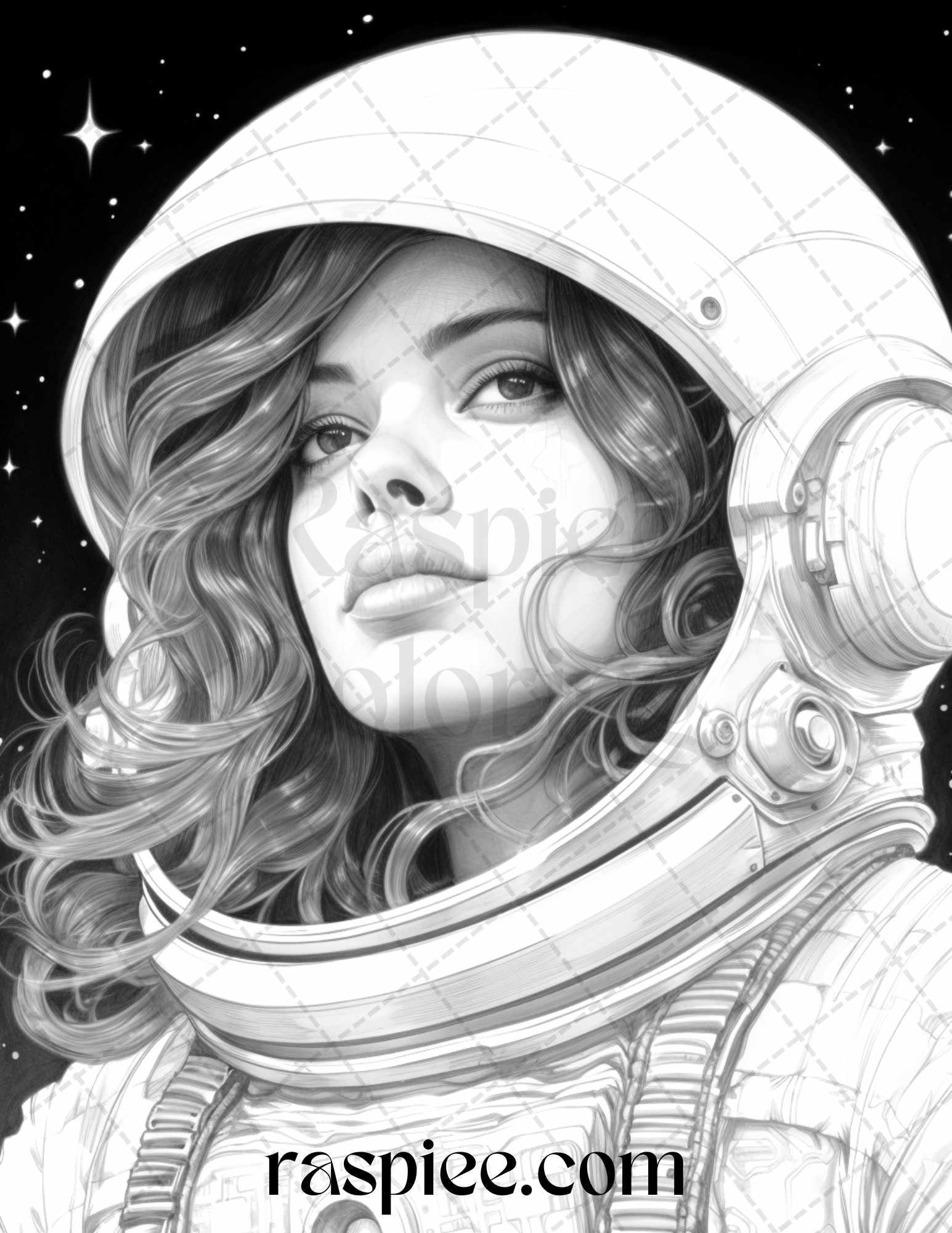 50 Astronaut Girl Portrait Grayscale Coloring Pages Printable for Adults, PDF File Instant Download