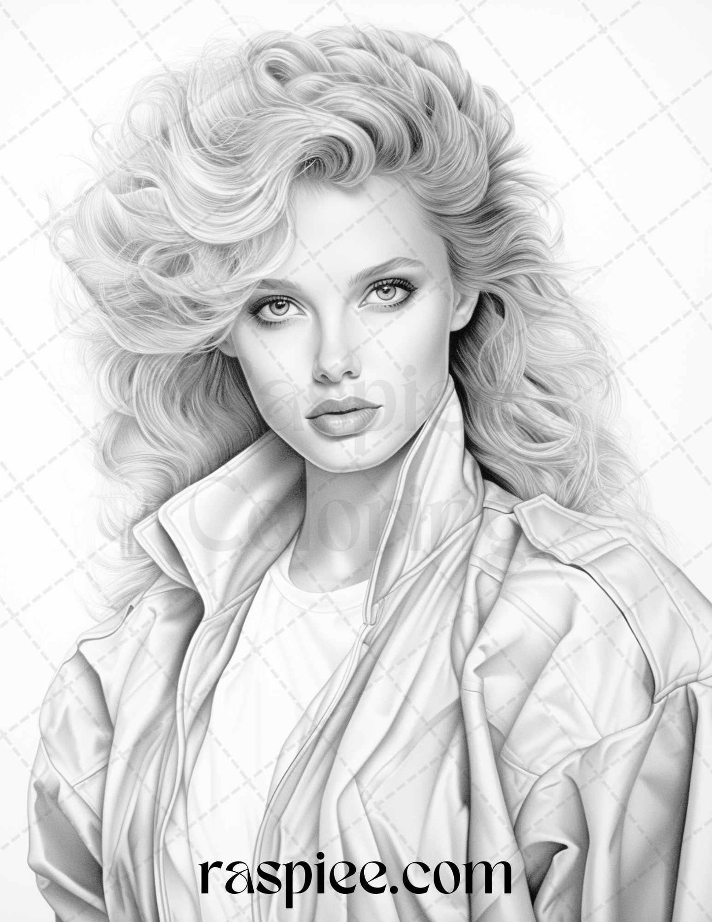 1980s Retro Beautiful Women Grayscale Coloring Pages for Adults, PDF File Instant Download