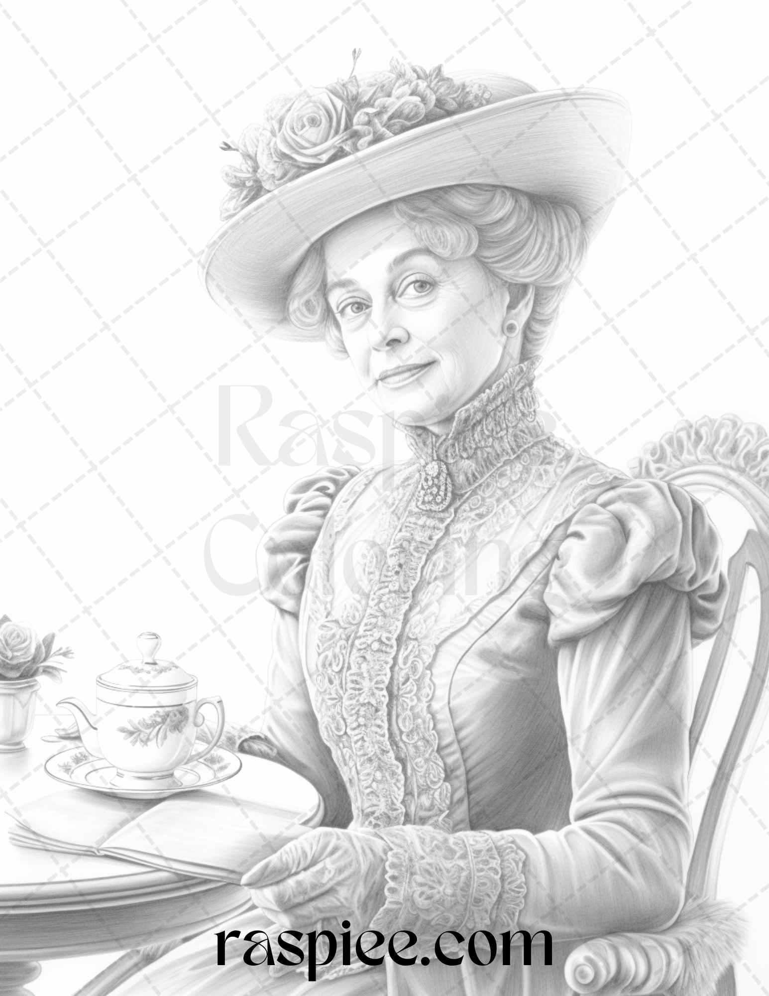 50 Victorian Grandma Grayscale Coloring Pages Printable for Adults, PDF File Instant Download