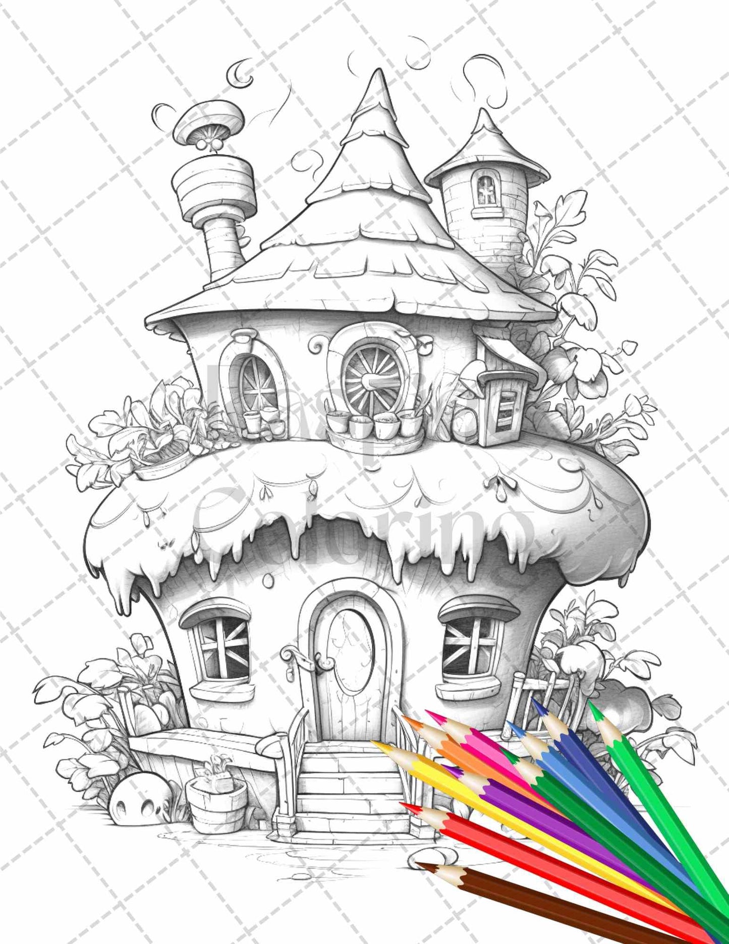 50 Adorable Cake Houses Grayscale Coloring Pages Printable for Adults and Kids, PDF File Instant Download