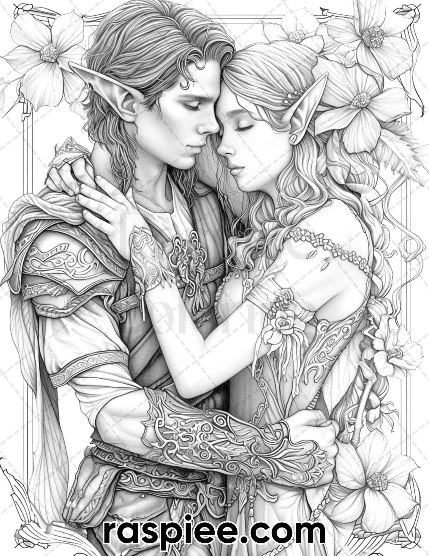 50 Romantic Elf Couple Portraits Adult Coloring Pages, Grayscale Illustration, Printable PDF Instant Download