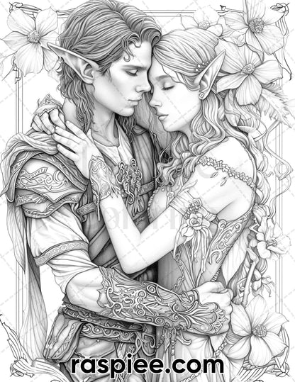 50 Romantic Elf Couple Portraits Adult Coloring Pages, Grayscale Illustration, Printable PDF Instant Download