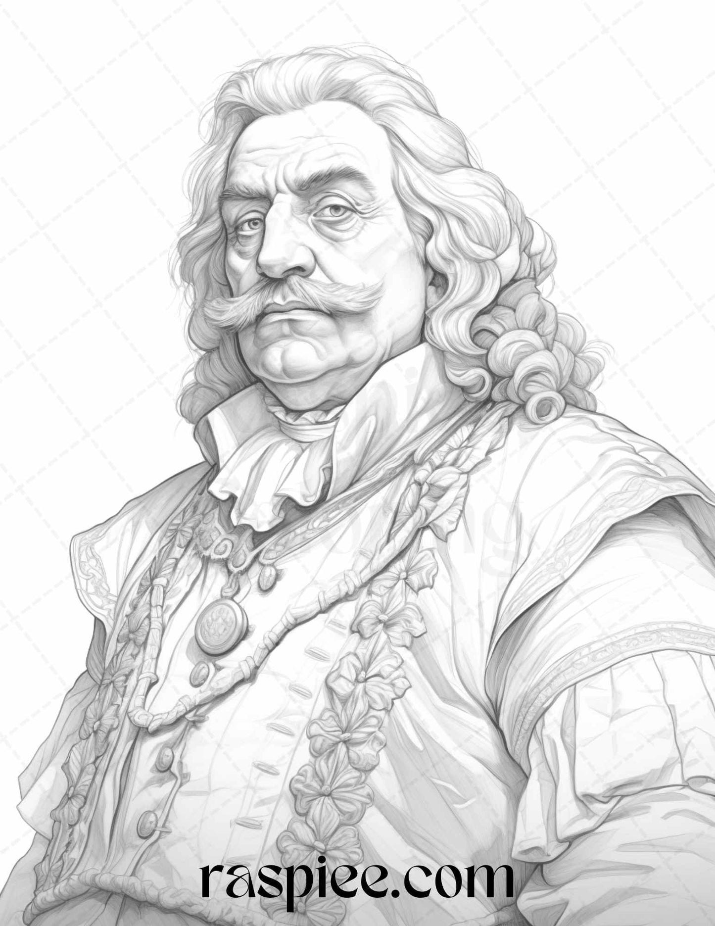 50 Baroque Man Portrait Grayscale Graysale Coloring Pages Printable for Adults, PDF File Instant Download