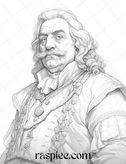 50 Baroque Man Portrait Grayscale Graysale Coloring Pages Printable for Adults, PDF File Instant Download