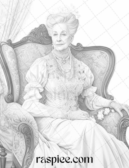 50 Victorian Grandma Grayscale Coloring Pages Printable for Adults, PDF File Instant Download