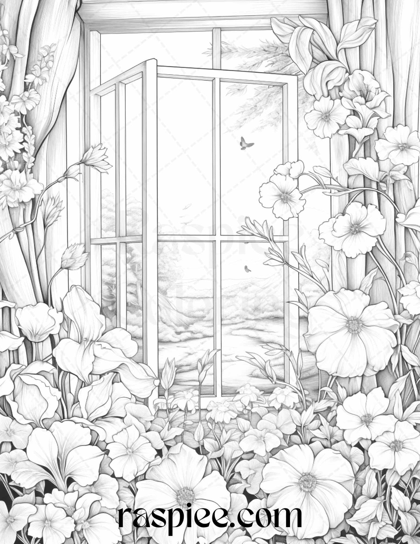 50 Blooming Windows Grayscale Coloring Pages Printable for Adults, PDF File Instant Download