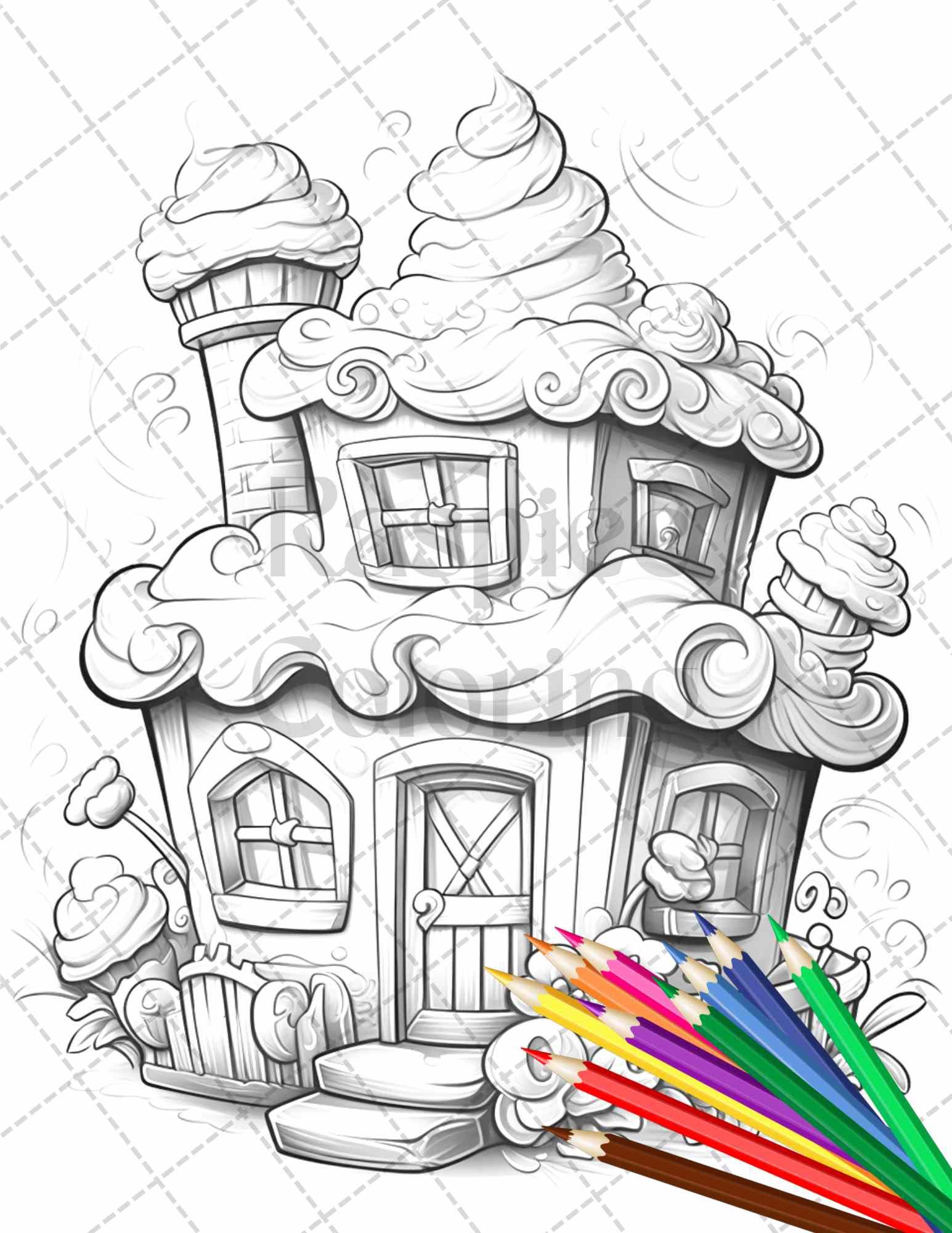 50 Adorable Cake Houses Grayscale Coloring Pages Printable for Adults and Kids, PDF File Instant Download