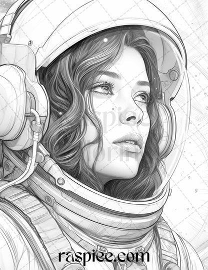 50 Astronaut Girl Portrait Grayscale Coloring Pages Printable for Adults, PDF File Instant Download