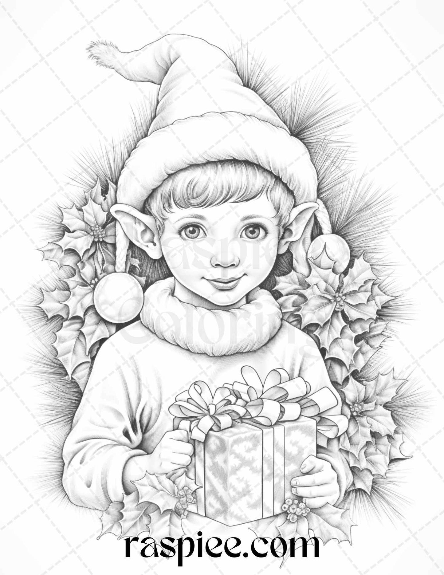 110 Christmas Elves Grayscale Coloring Pages Printable for Adults Kids, PDF File Instant Download