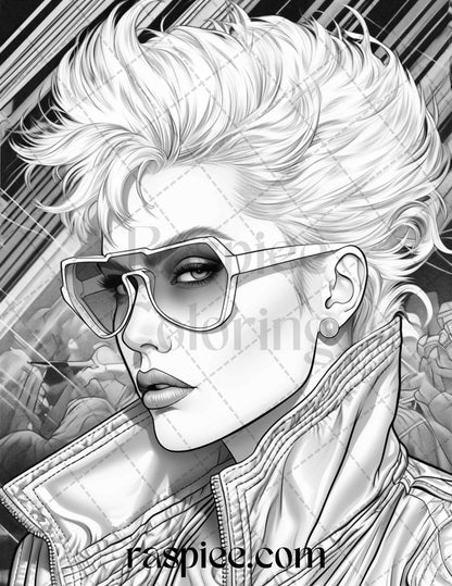 1980s New Wave Pop Star Grayscale Coloring Pages Printable for Adults, PDF File Instant Download