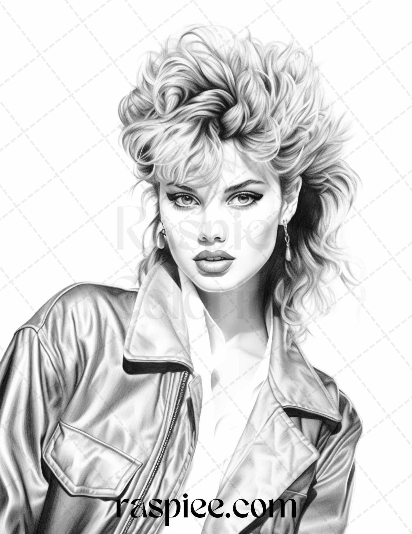 1980s Retro Beautiful Women Grayscale Coloring Pages for Adults, PDF File Instant Download