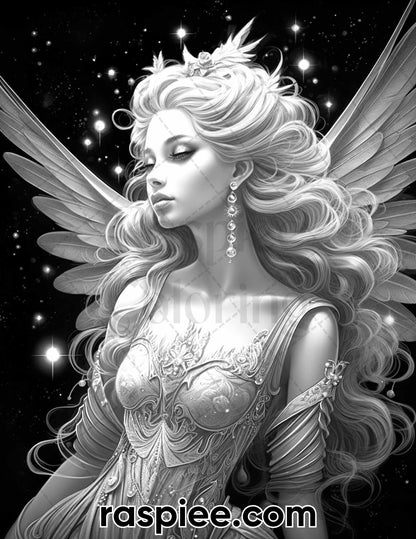 50 Starlight Fairy Grayscale Coloring Pages for Adults, Printable PDF File Instant Download