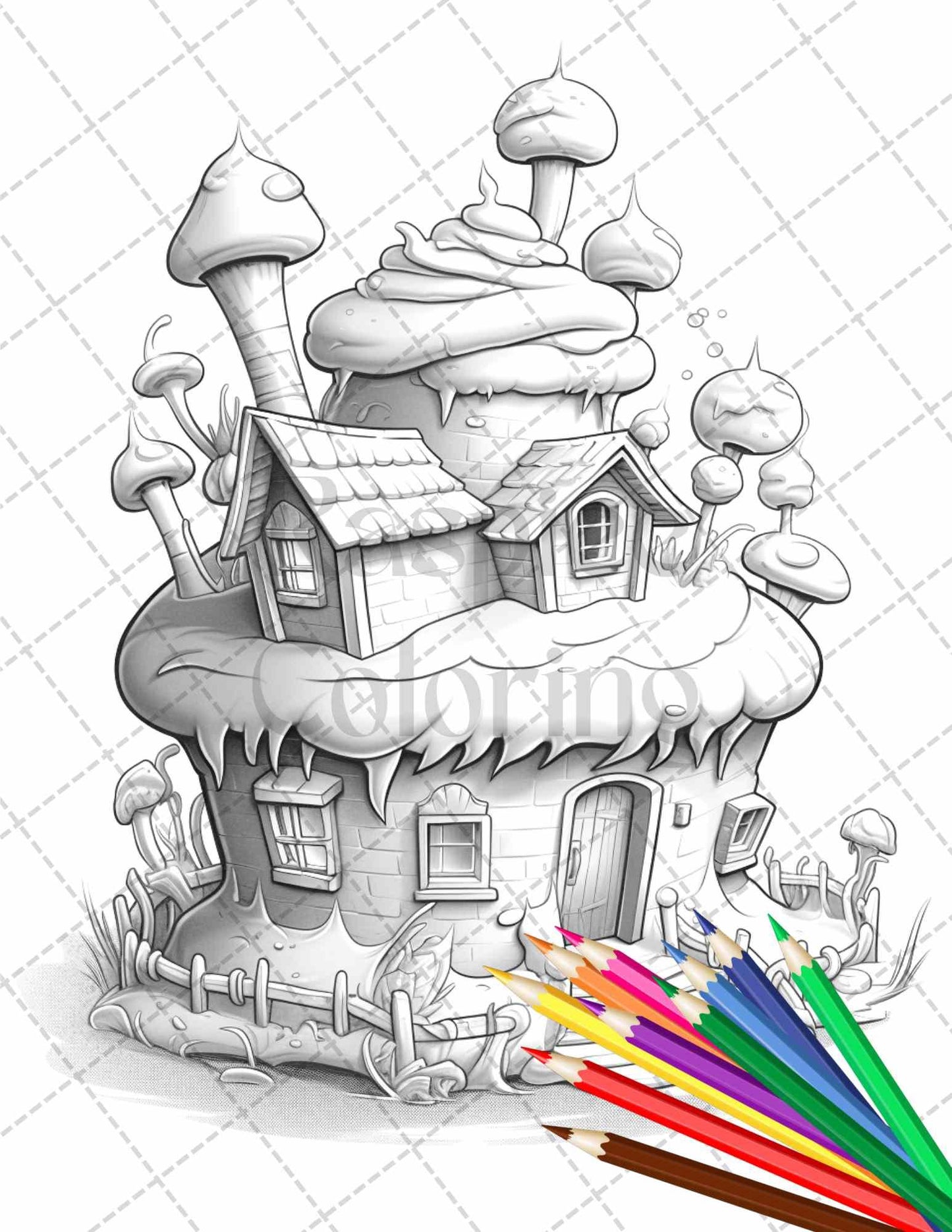 50 Adorable Cake Houses Grayscale Coloring Pages Printable for Adults and Kids, PDF File Instant Download