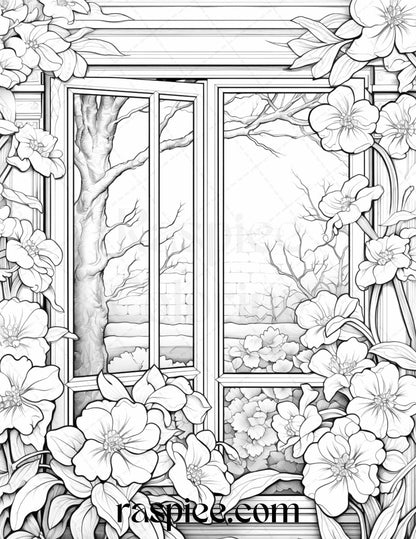 50 Blooming Windows Grayscale Coloring Pages Printable for Adults, PDF File Instant Download