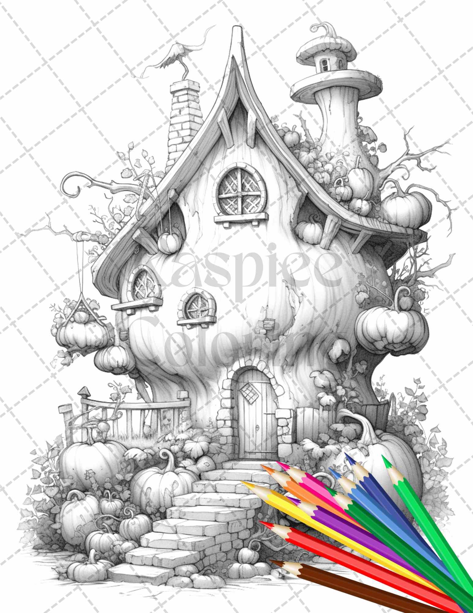 40 Pumpkin Fairy Houses Grayscale Coloring Pages Printable for Adults, PDF File Instant Download