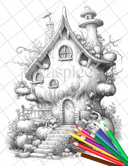 40 Pumpkin Fairy Houses Grayscale Coloring Pages Printable for Adults, PDF File Instant Download