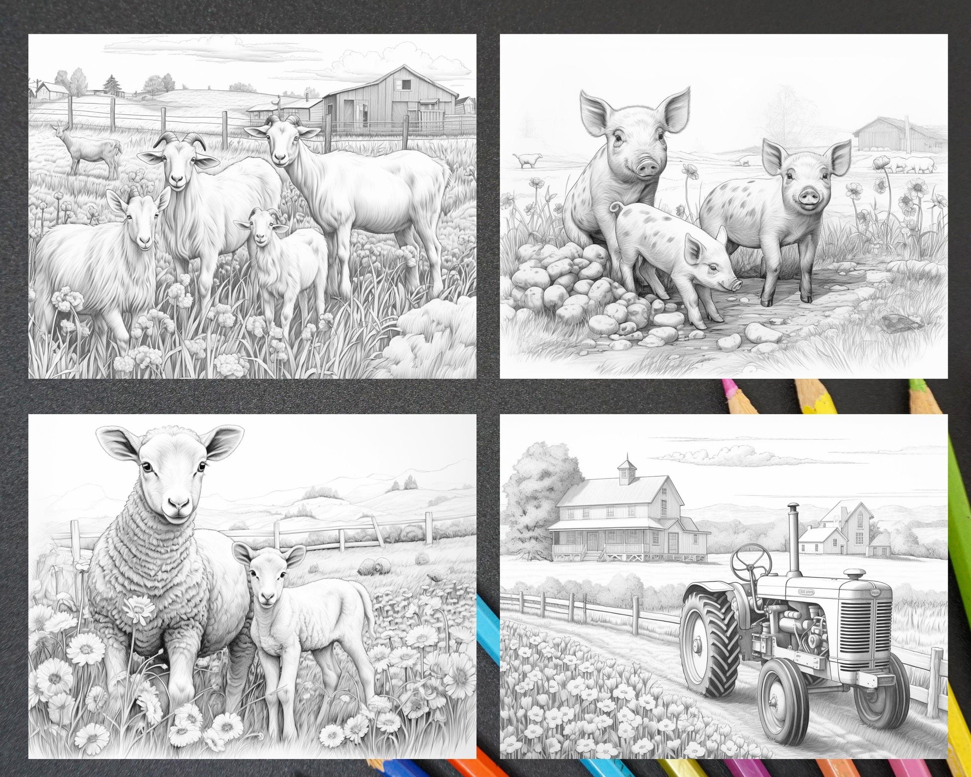 40 Spring Farm Life Grayscale Adult Coloring Pages, Printable PDF Instant Download