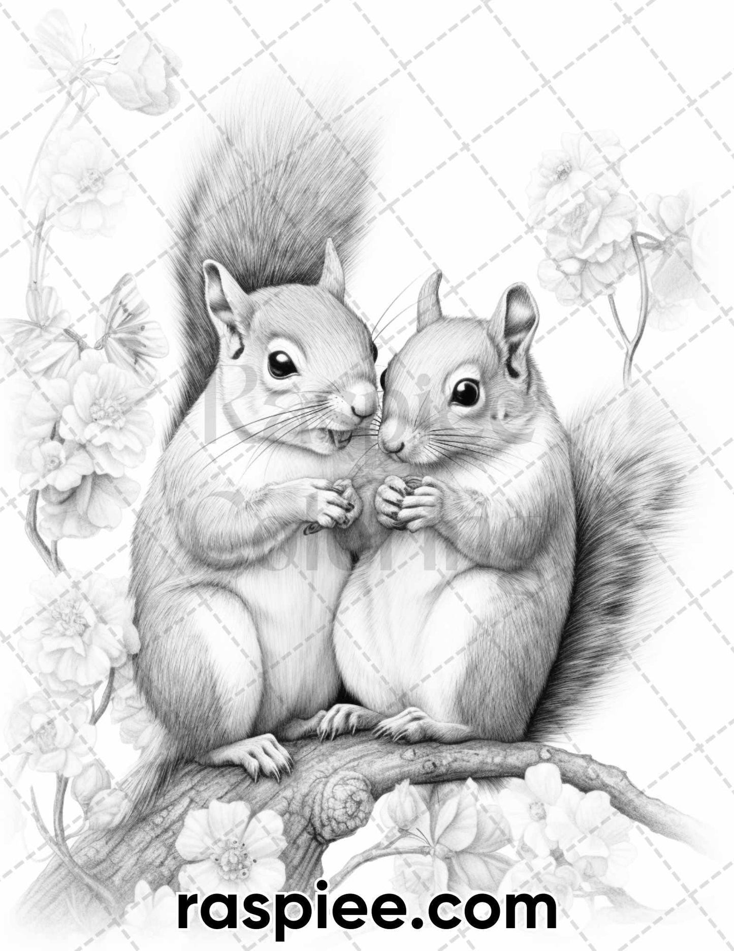 40 Floral Animal Couple Grayscale Coloring Pages for Adults, Printable PDF Instant Download