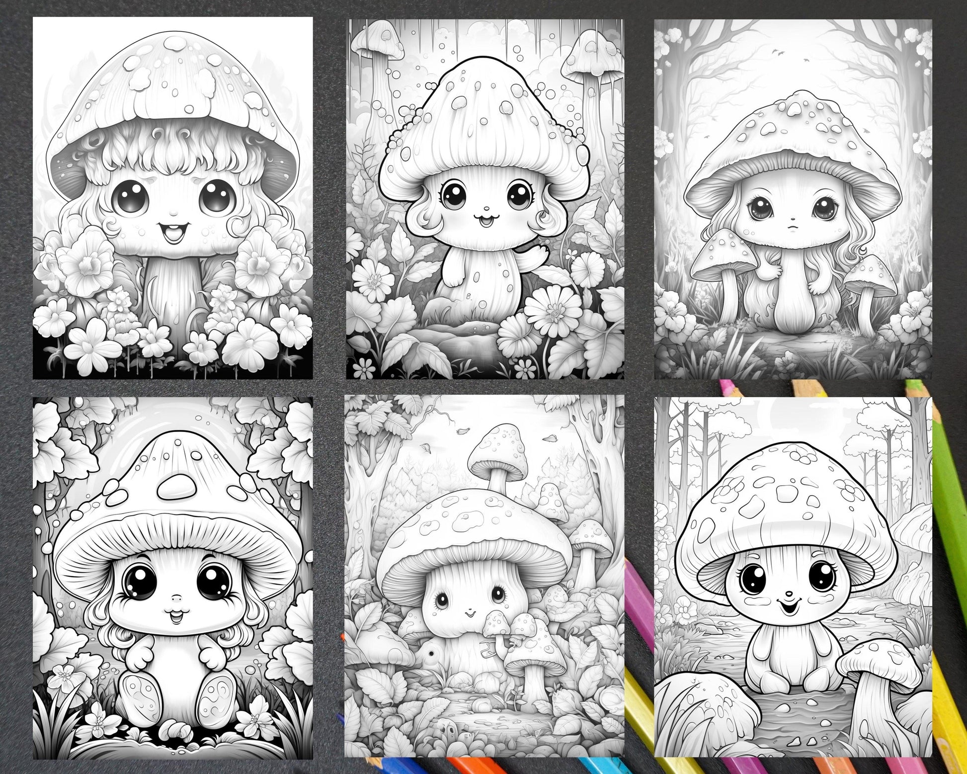 40 Kawaii Mushrooms Grayscale Coloring Pages for Adults, Printable PDF Instant Download