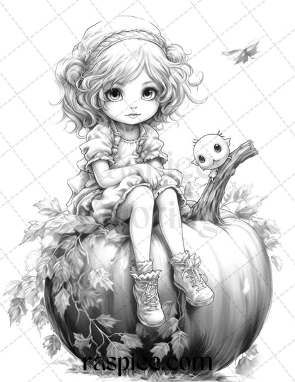 40 Pumpkin Fairy Girls Grayscale Coloring Pages Printable for Adults, PDF File Instant Download