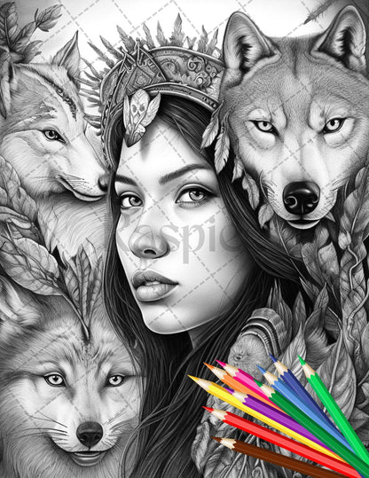 30 Native American Girls Printable Coloring Pages for Adult, Native American Culture Grayscale Coloring Book, Printable PDF File Download