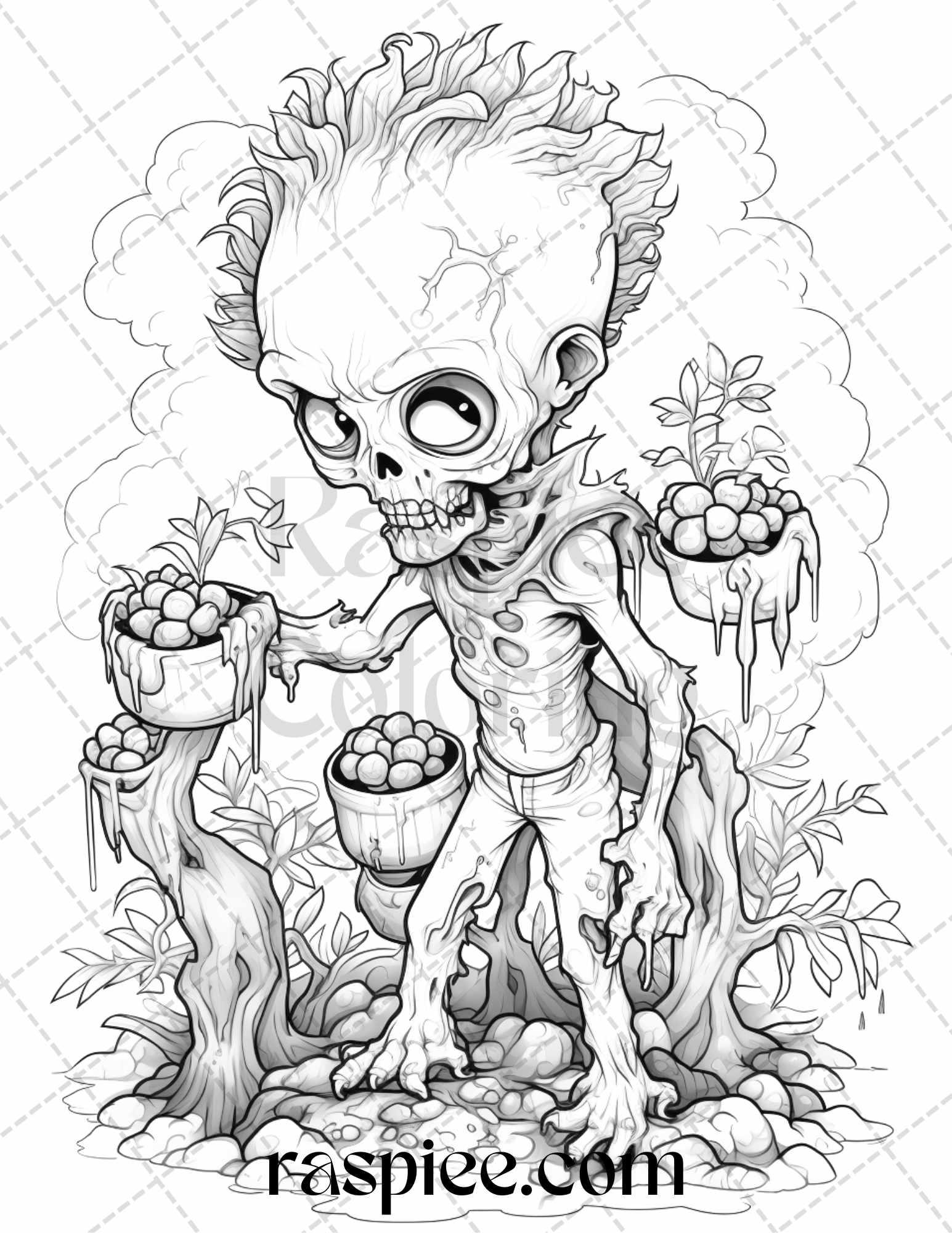 40 Halloween Creepy Kawaii Grayscale Coloring Pages for Adults and Kids, Printable PDF File Instant Download