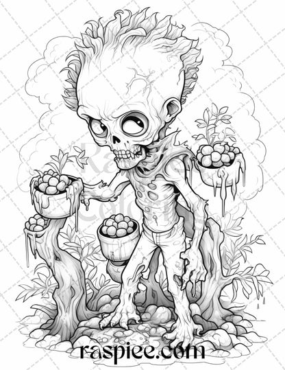 40 Halloween Creepy Kawaii Grayscale Coloring Pages for Adults and Kids, Printable PDF File Instant Download