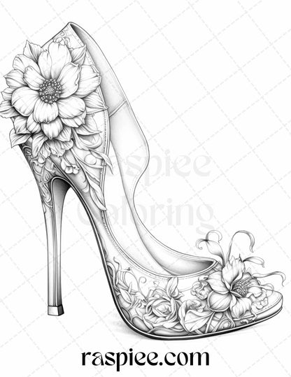 40 Flower Wedding Shoes Grayscale Coloring Pages Printable for Adults, PDF File Instant Download