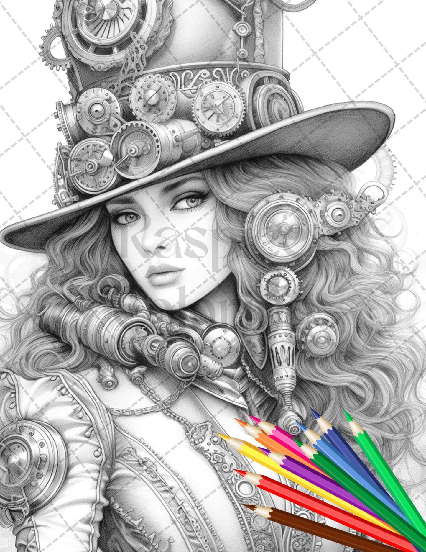 40 Steampunk Ladies Grayscale Coloring Pages Printable for Adults, PDF File Instant Download