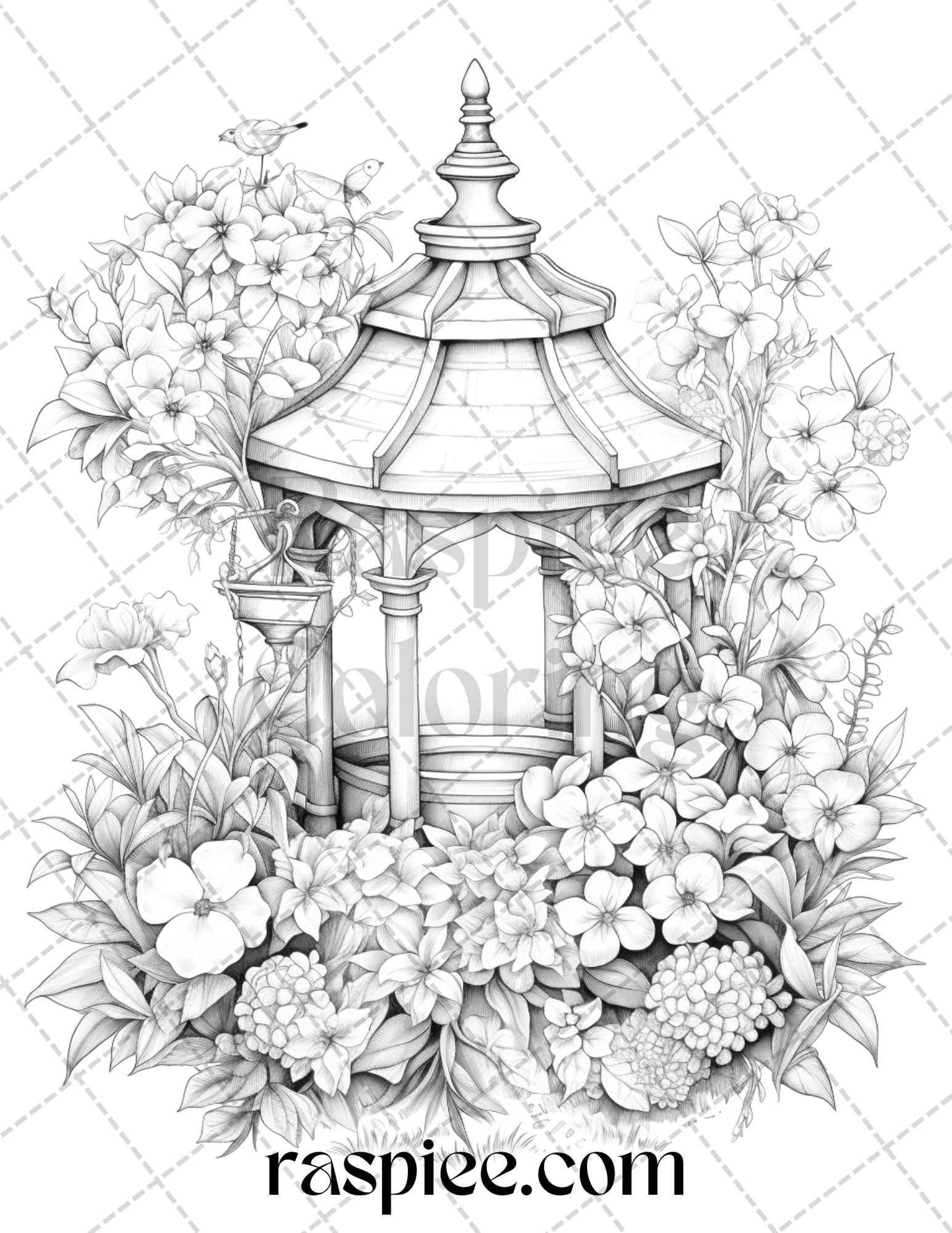 40 Whimsical Wishing Wells Grayscale Coloring Pages Printable for Adults, PDF File Instant Download