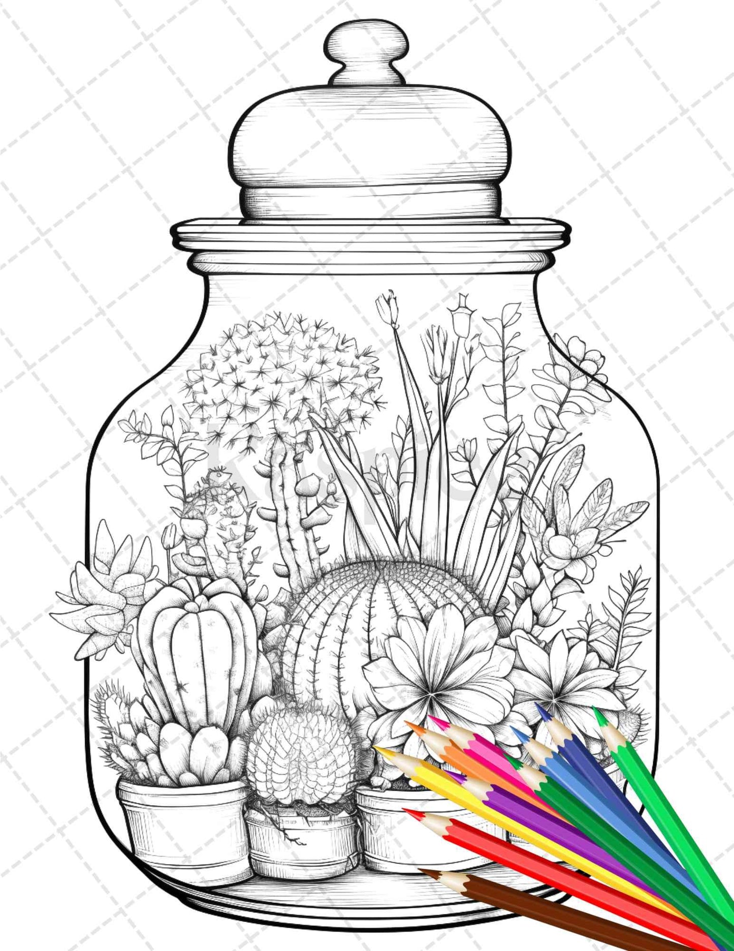 34 Enchanted Terrarium Grayscale Coloring Pages Printable for Adults, PDF File Instant Download