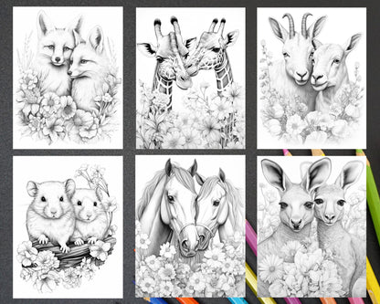 40 Floral Animal Couple Grayscale Coloring Pages for Adults, Printable PDF Instant Download